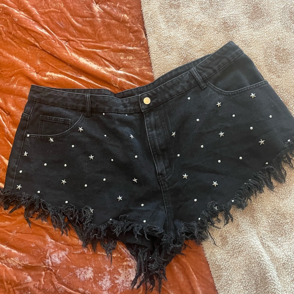 Black Frayed Denim Shorts with Star Accents